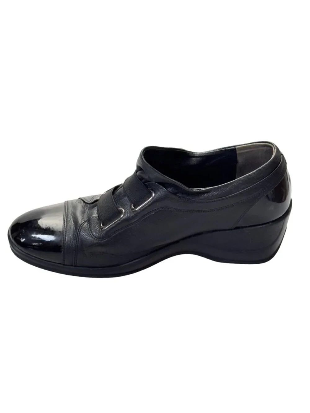 MOOK STYLE Women’s Shoes Black Leather Cap Toe Wedges Heels Size 9.5M